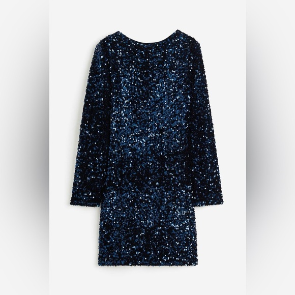 H&M Women’s XXL Sequined Dark Navy Deep-back Dress 60s 70s Disco Party - Picture 1 of 11